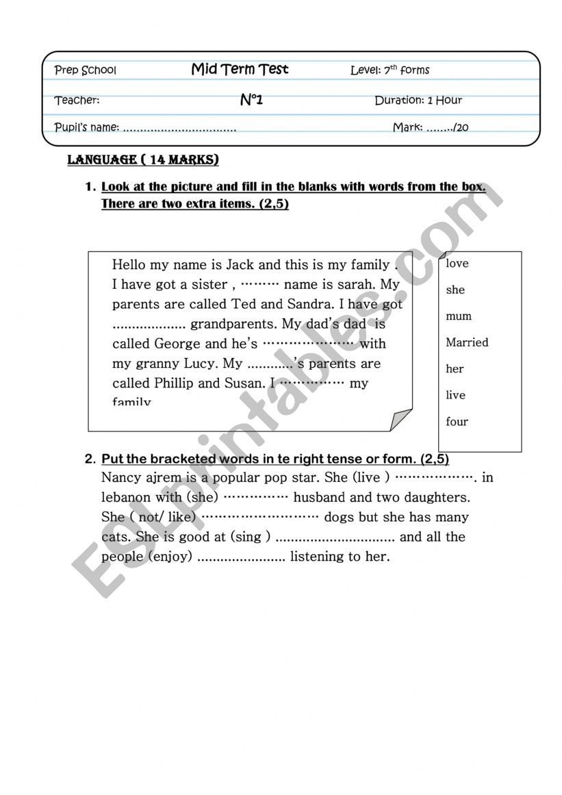 7th form test 1 worksheet