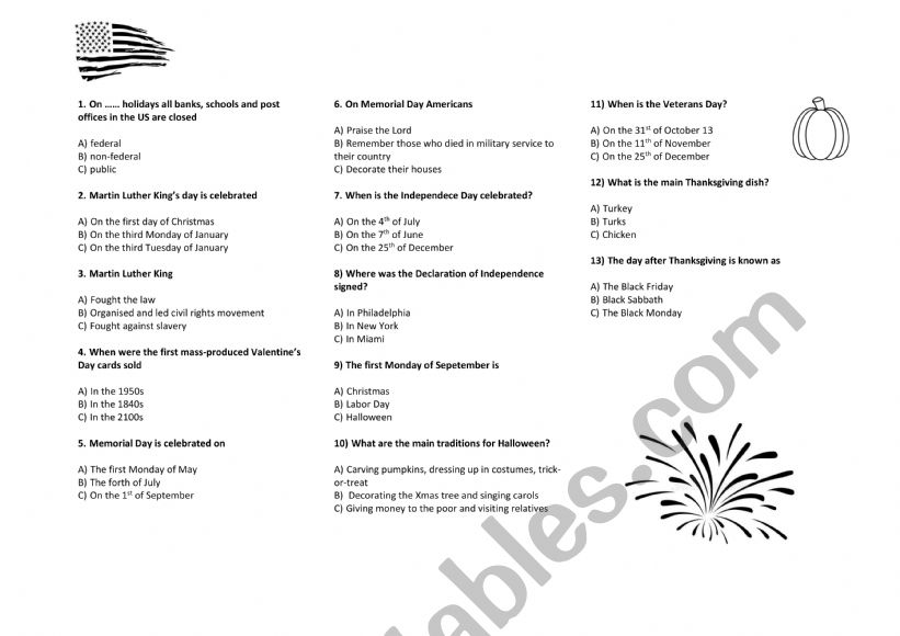 US Holidays Quiz worksheet