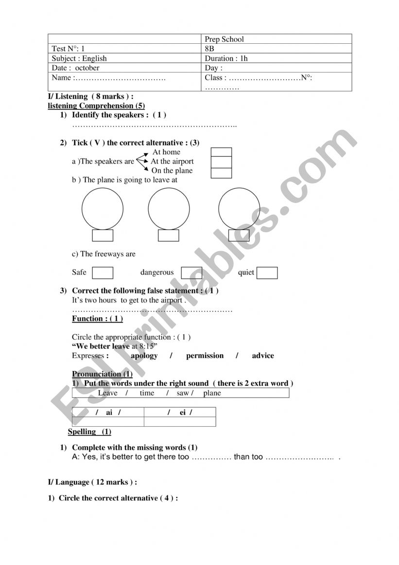 8th form Test N 1  worksheet