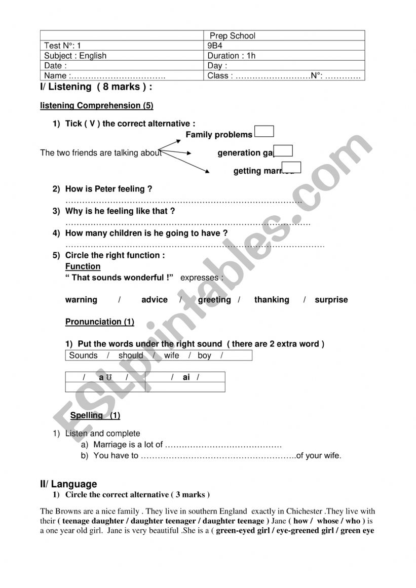 9th form Test 1 worksheet