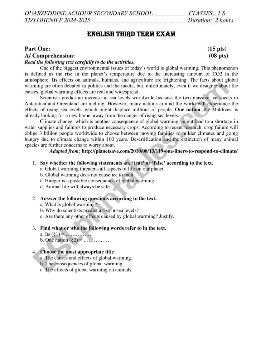 third term exam 1st y worksheet