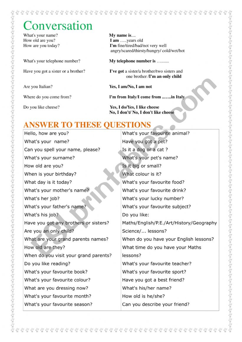 Conversation worksheet