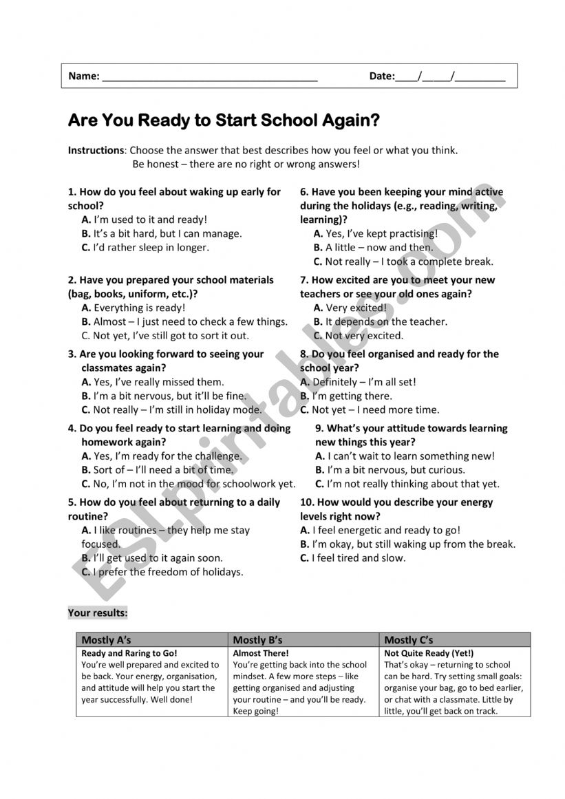 Are you ready to start school again? (Questionnaire)