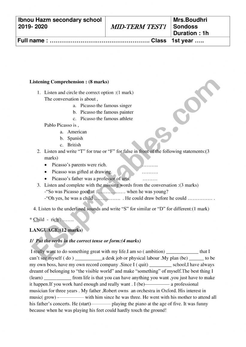 mtt 1 for first form tunisia worksheet