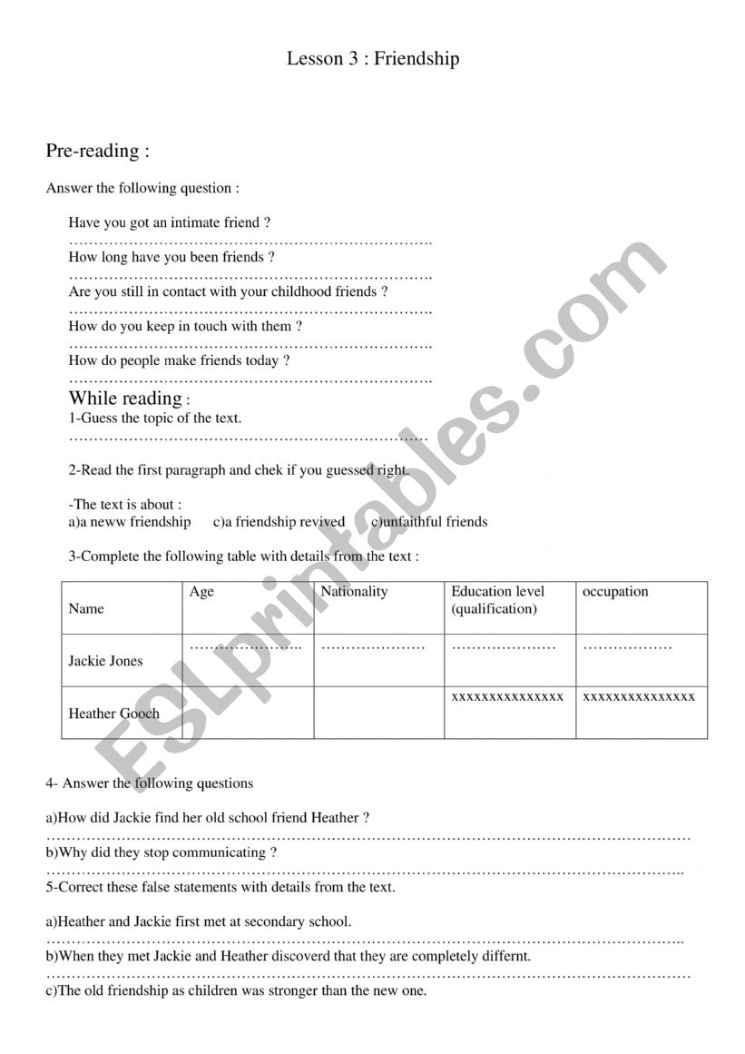 lesson 3  Friendship worksheet