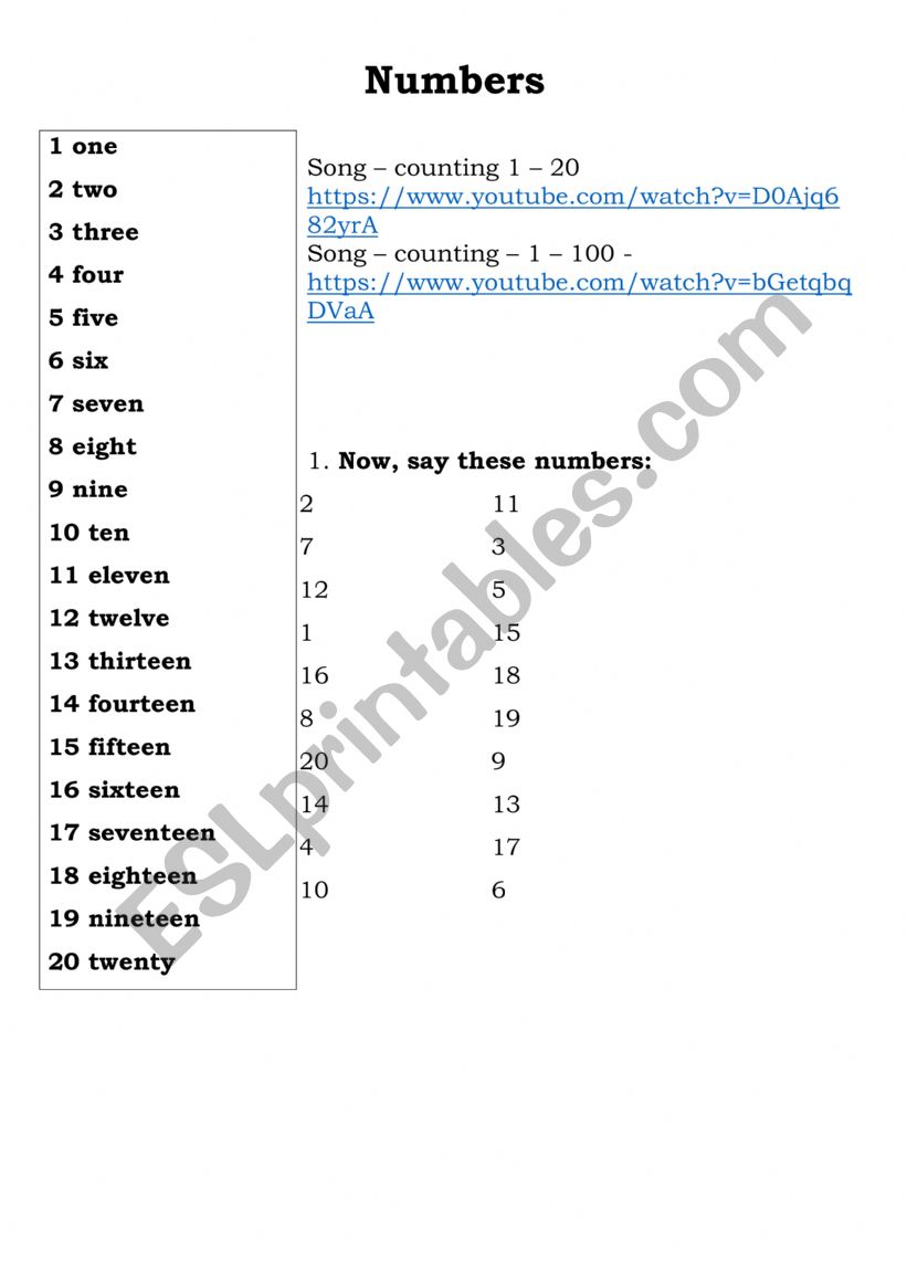 Numbers worksheet