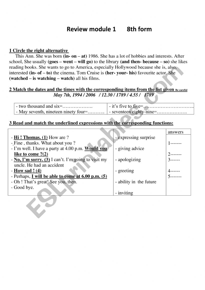 review   module 1   8th form worksheet