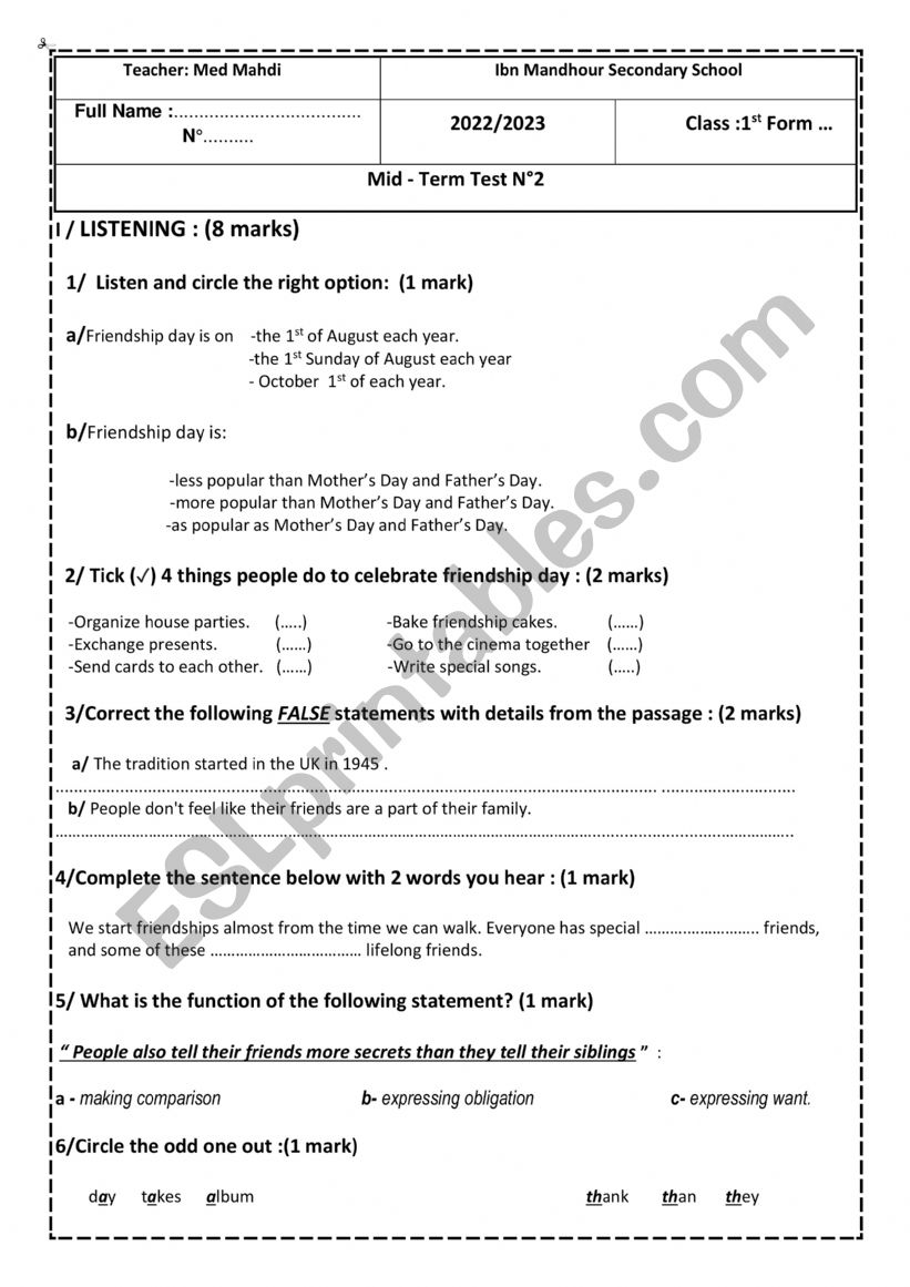 1st year Mid-term test n2 worksheet