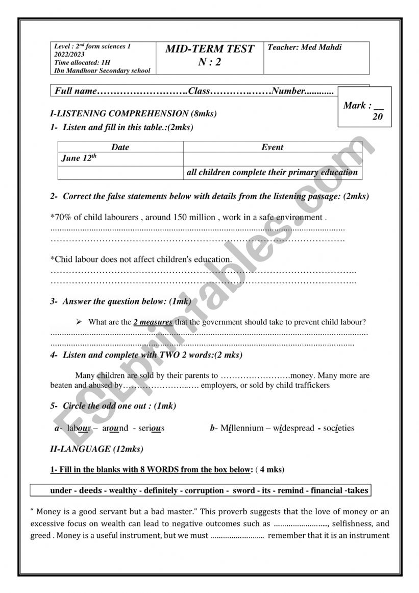 2nd Year MID-TERM TEST N : 2  worksheet