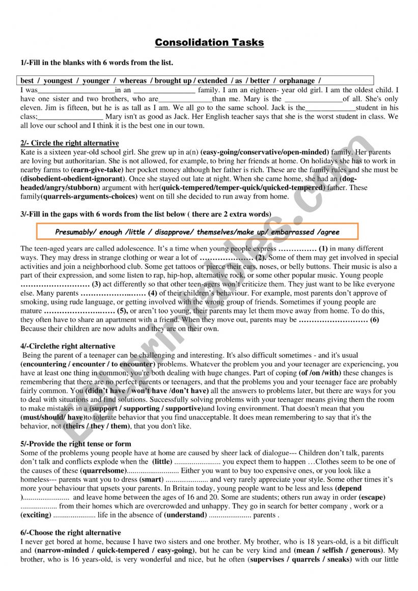 cosolidation tasks 9th form worksheet