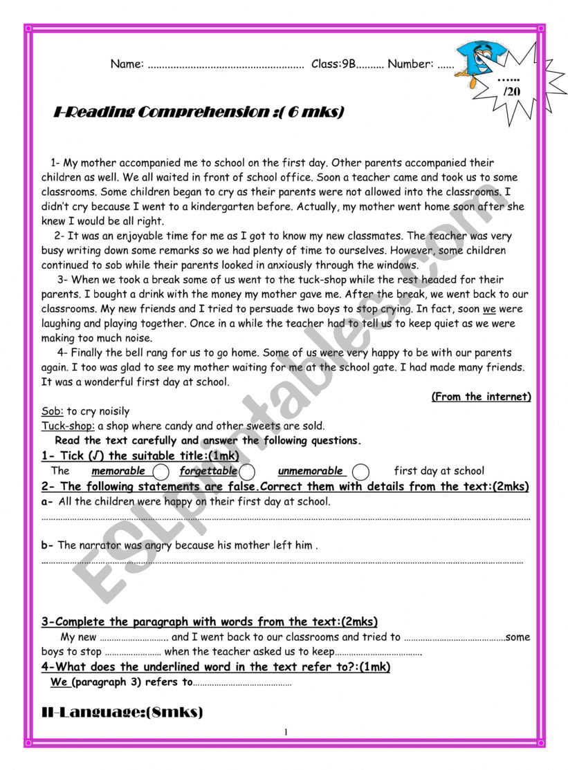 End of first term test worksheet