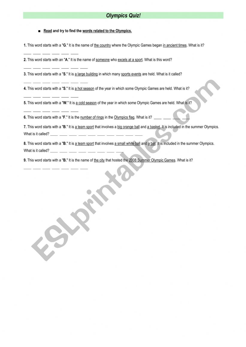 Olympics QUIZ worksheet