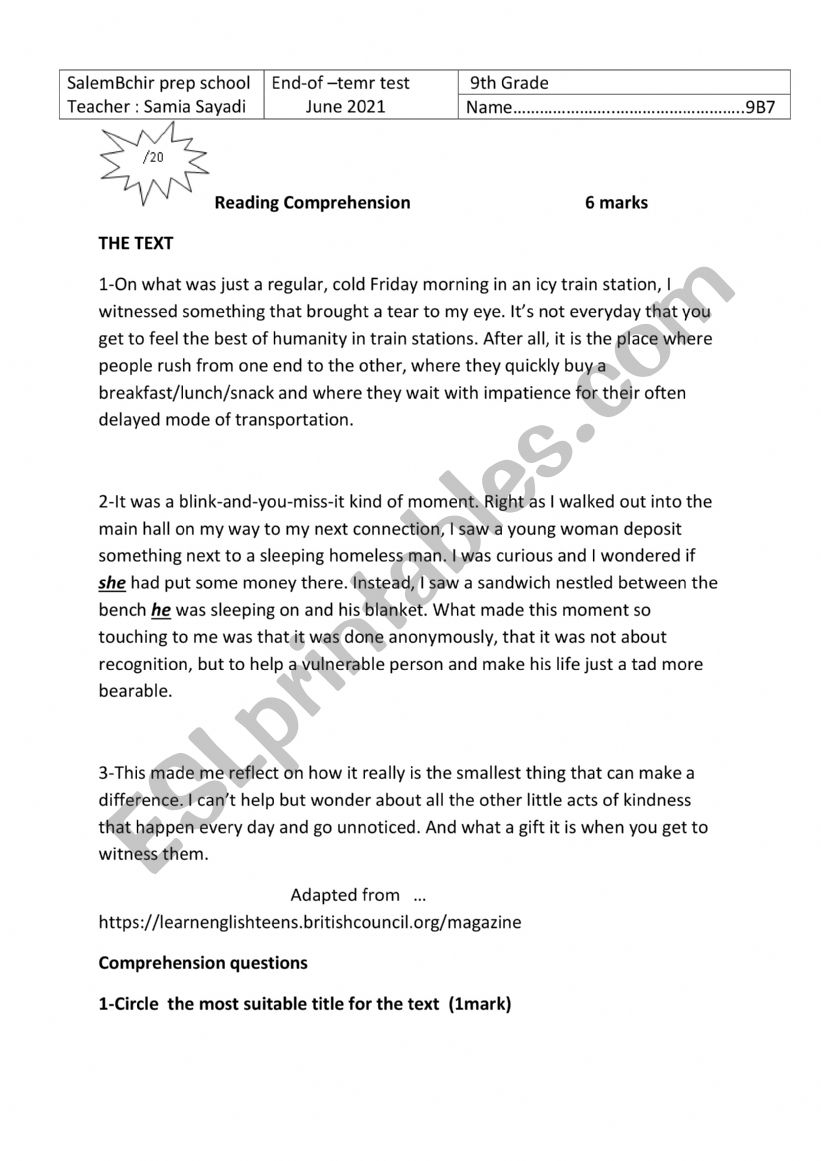 End_of _term  test 9th   worksheet