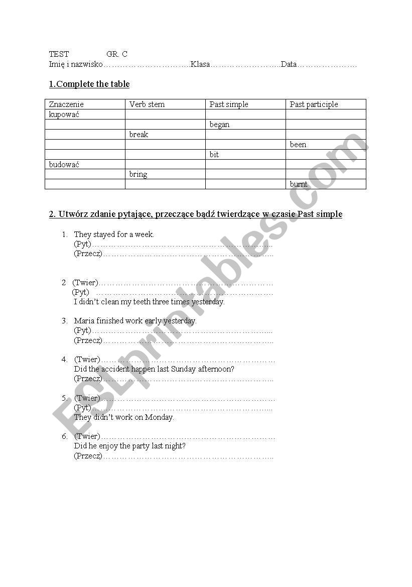 past simple +irregular verbs worksheet