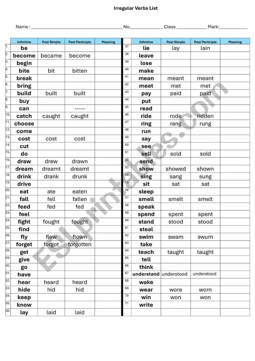 Irregular Verbs Test worksheet