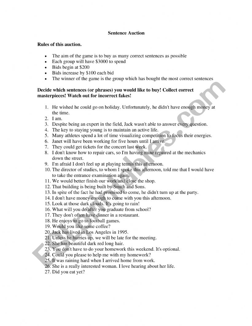 Sentence auction worksheet