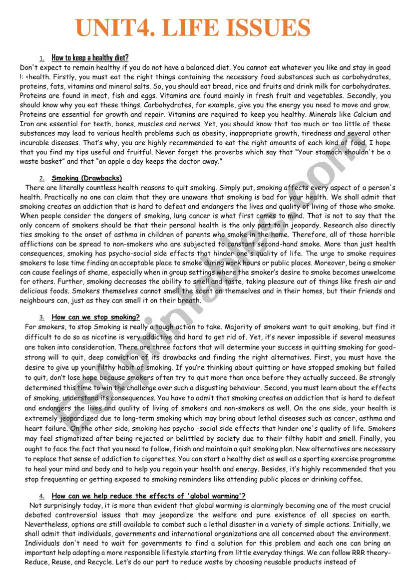 4th form unit 4 life issues review