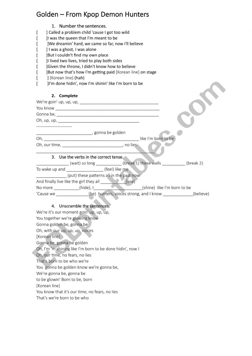 Kpop demon hunters - Golden worksheet