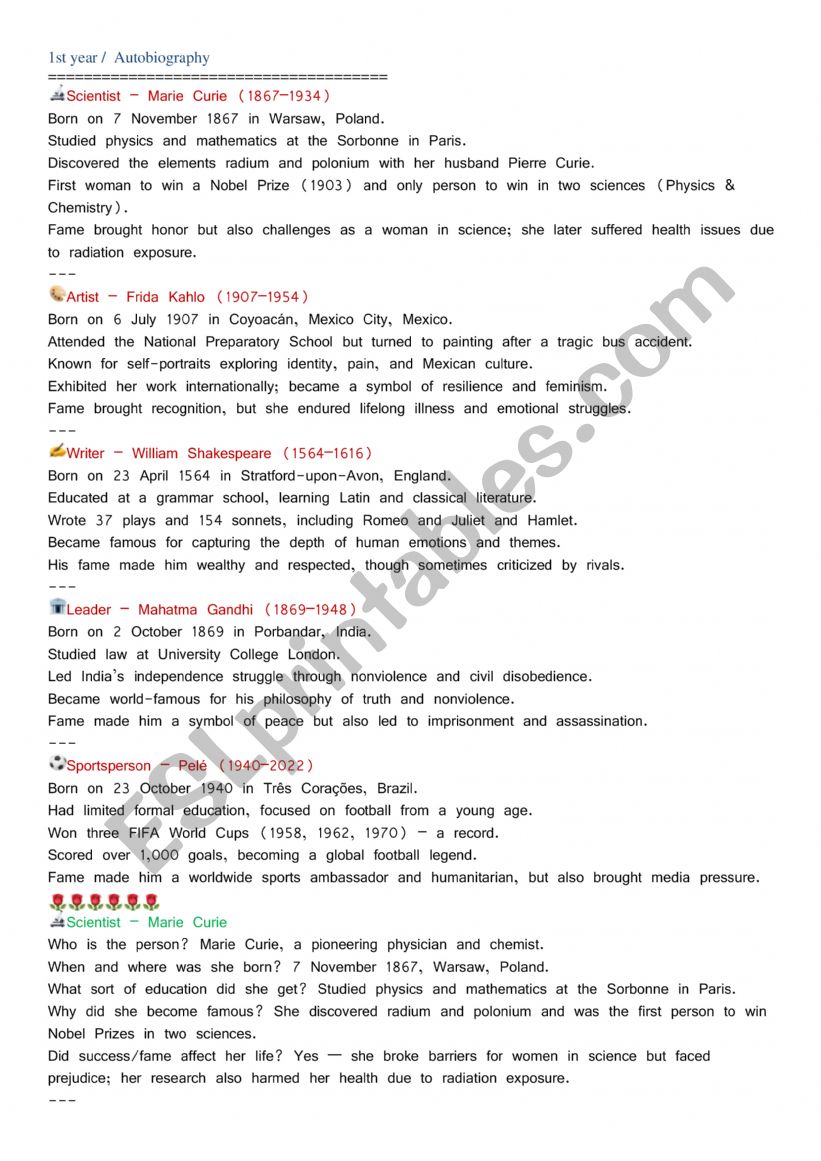 biography worksheet