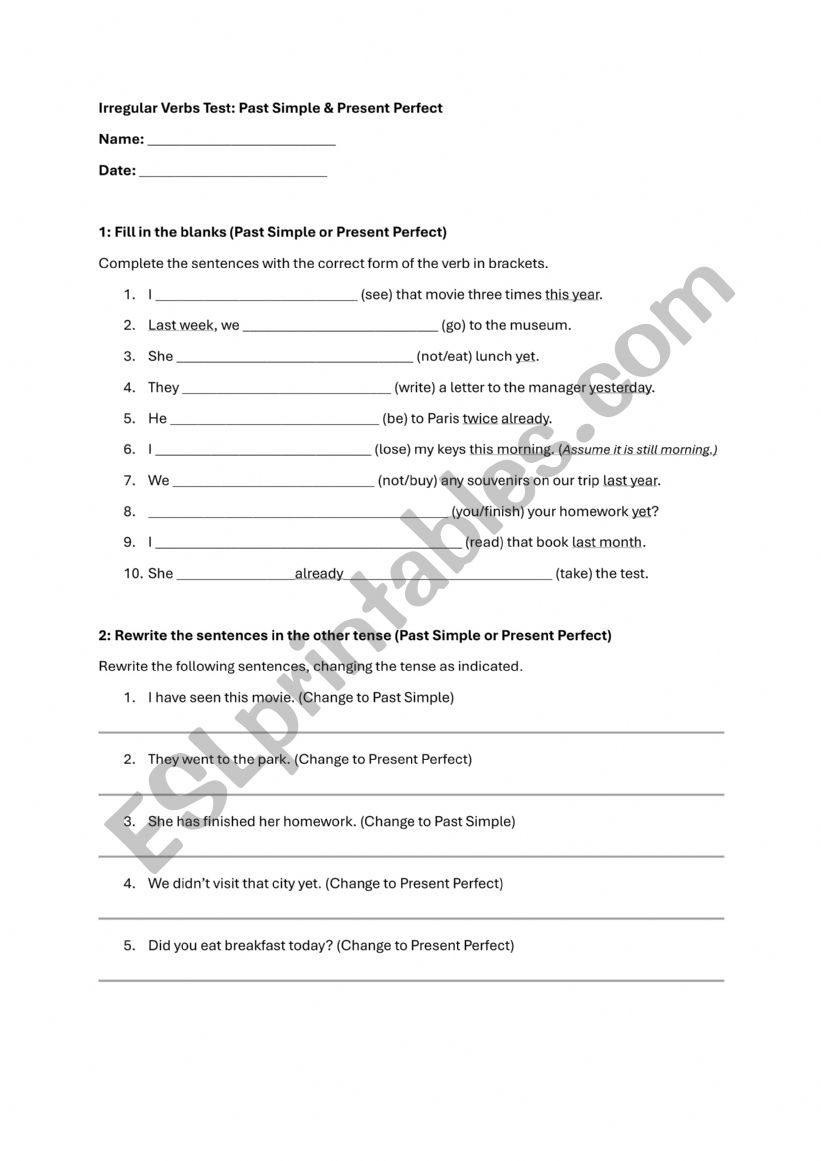 Irregular verbs present perfect vs. past simple
