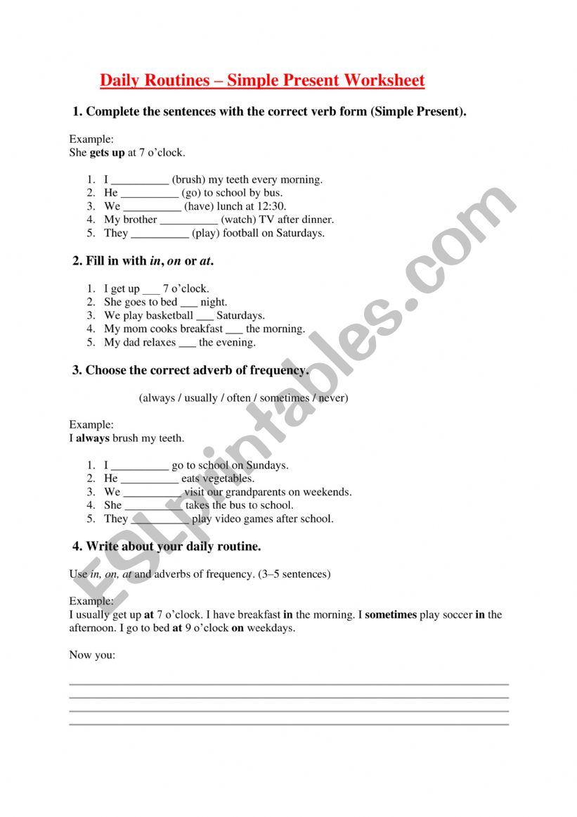 Daily routines simple present worksheet