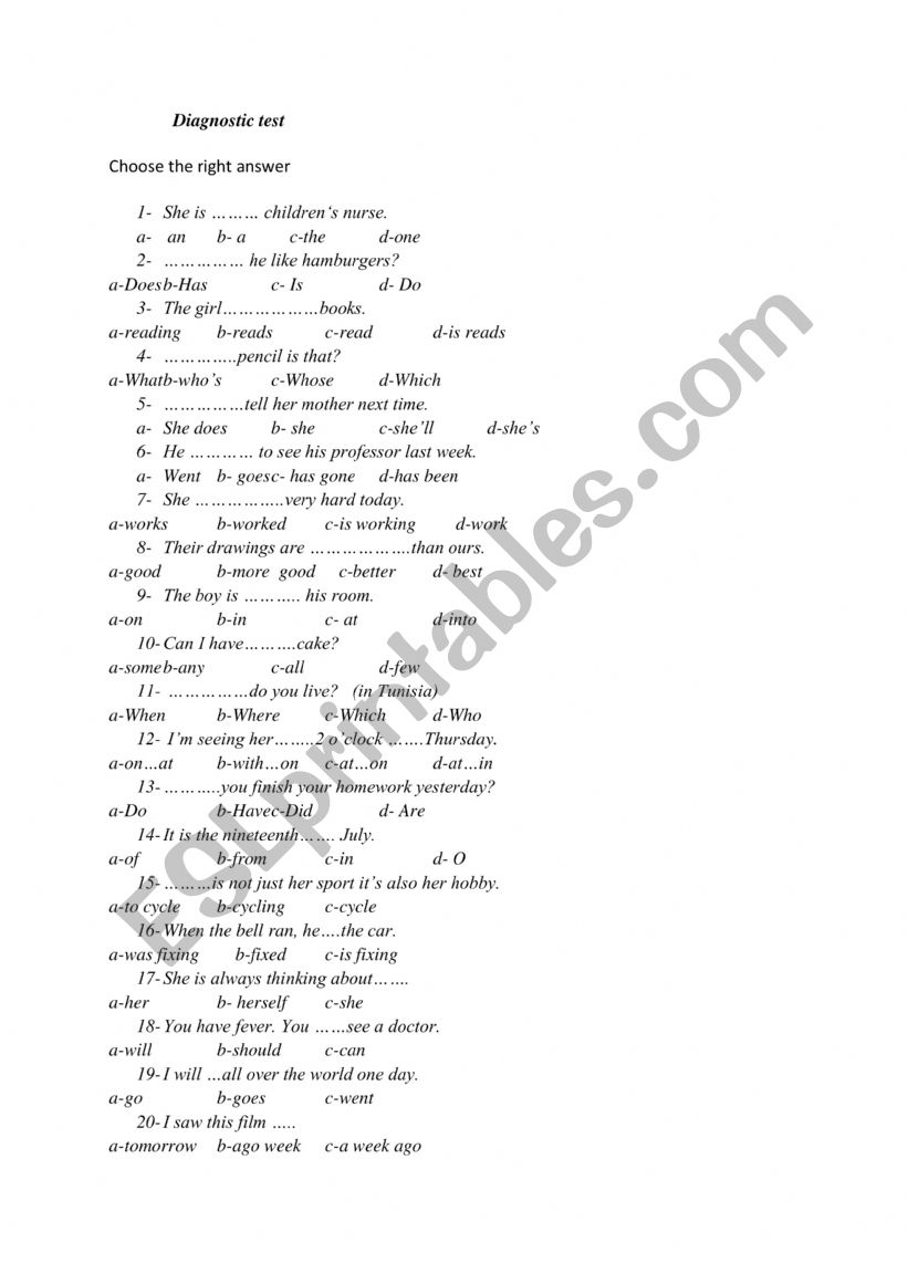 diagnostic test first form worksheet