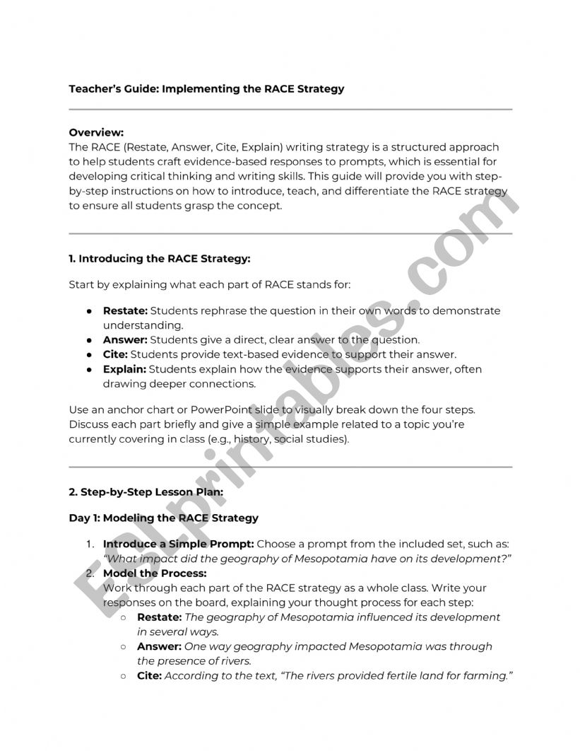 RACE Social Studies Writing worksheet
