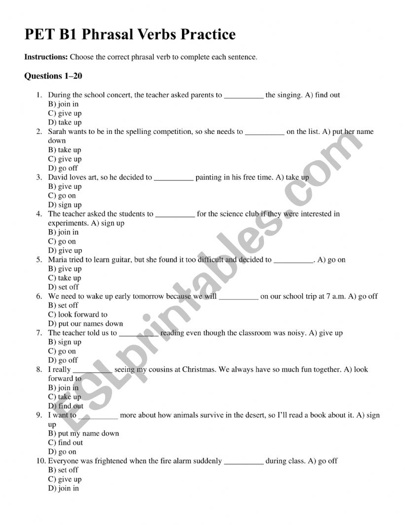 Phrasal Verbs worksheet