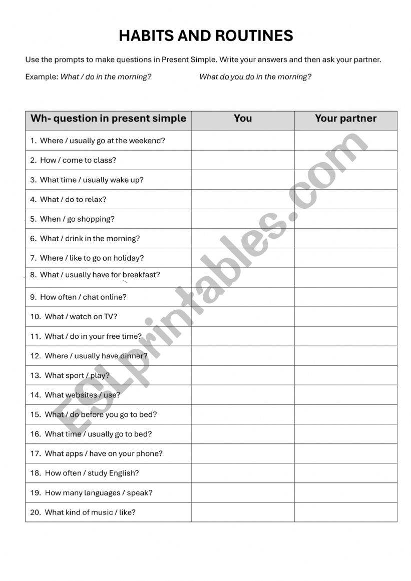 Wh- questions in Present Simple (pair work)