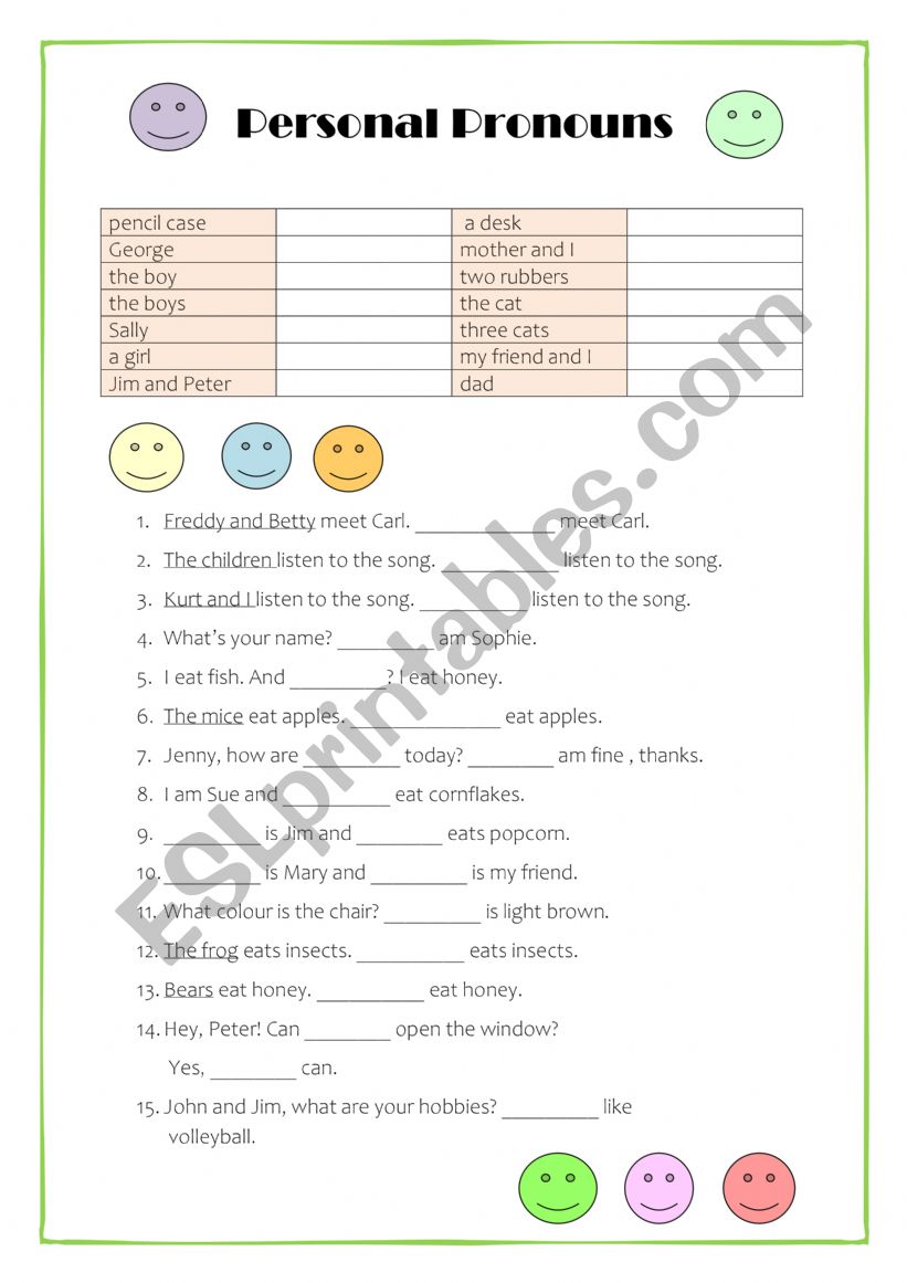 personal pronound worksheet