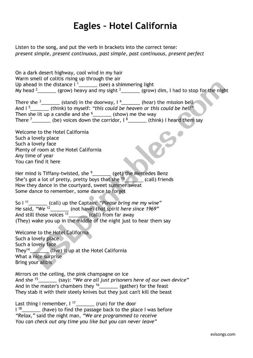 Hotel California - Eagles worksheet
