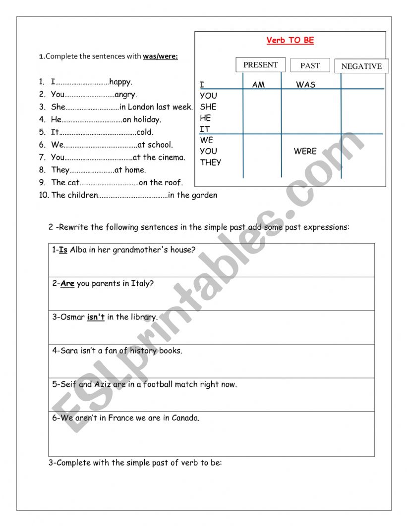 simple past with verb to be worksheet