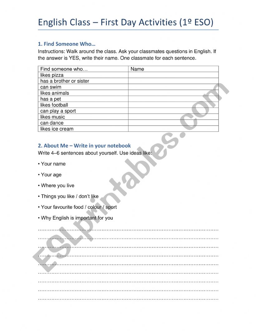 First day class activities worksheet