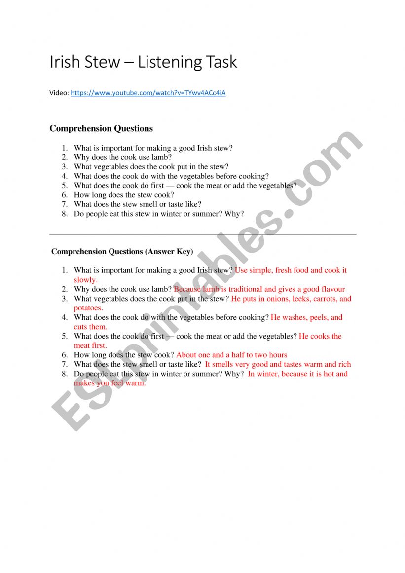 Irish Stew - Listening Task (A1, A2) Irish Stew - Listening Task (A1, A2)