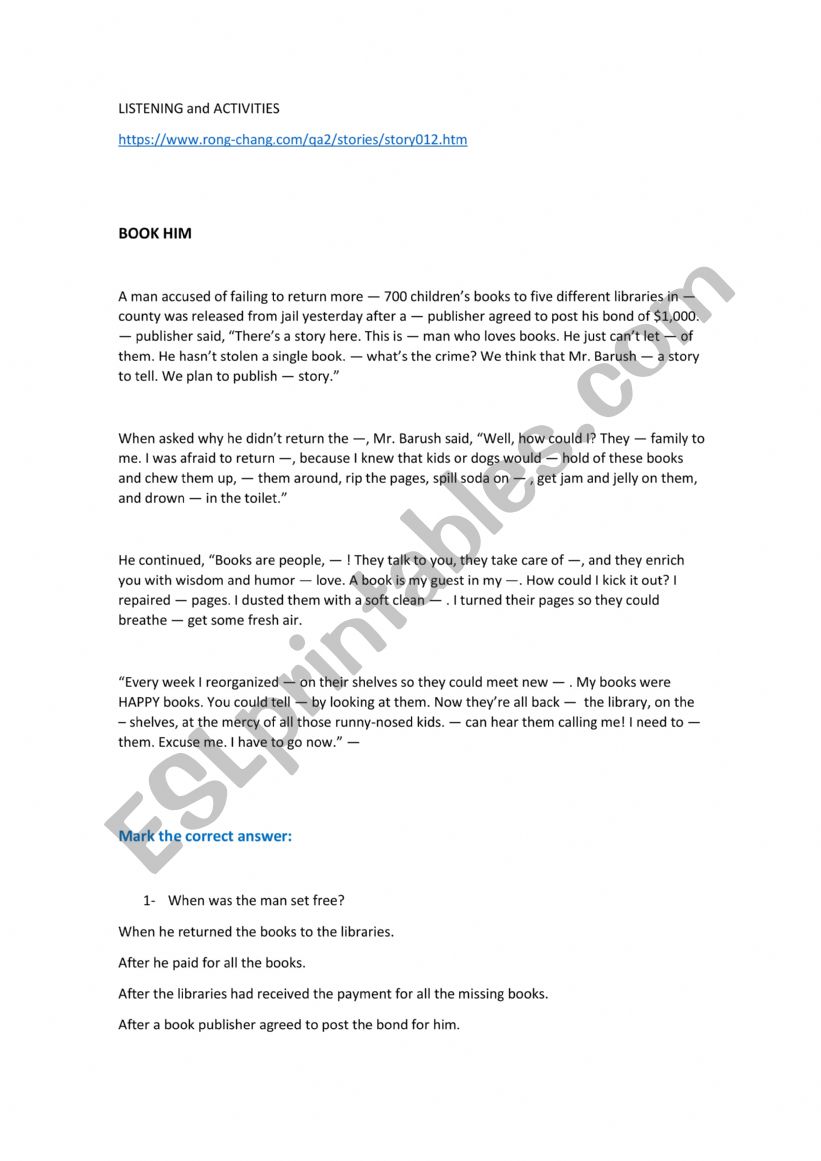 Listening Activity - Books worksheet