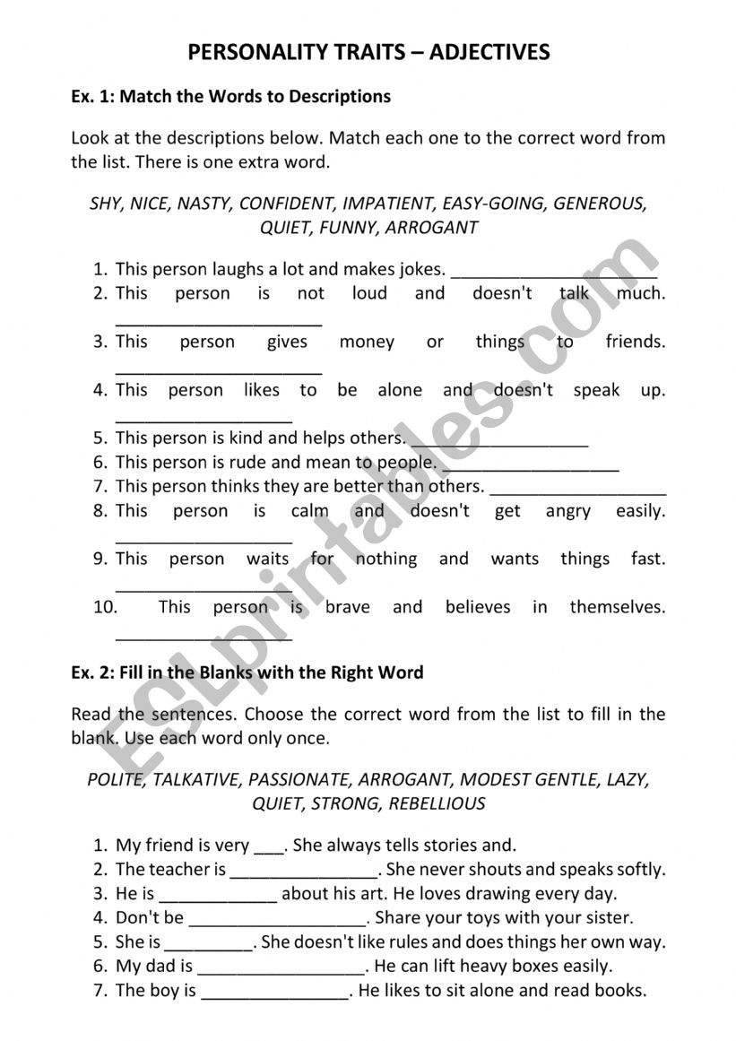 Personality Traits - Adjectives ESL Worksheet
