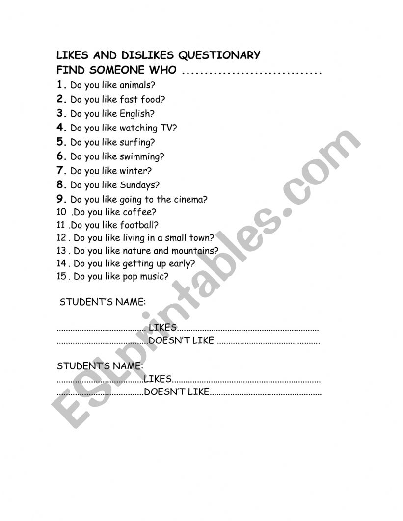 likes and dislikes questionarie