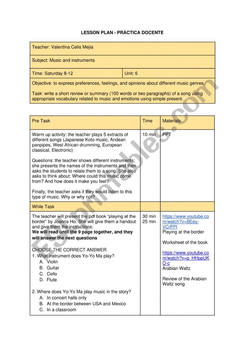 Personal description worksheet