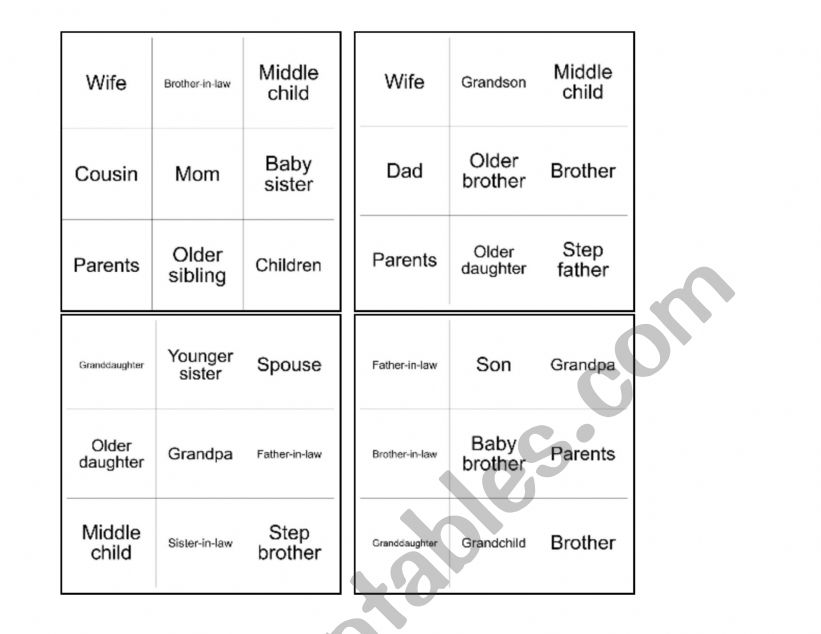 Bingo for family vocabulary worksheet