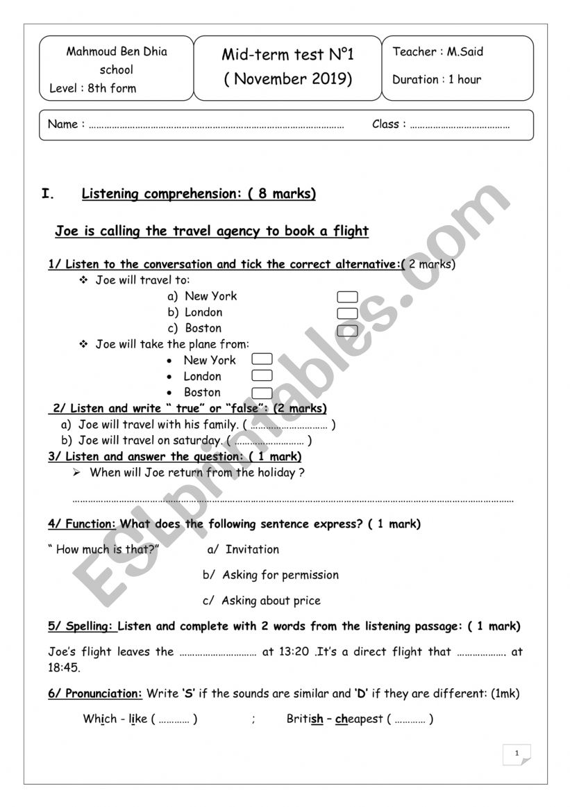 mid term 1 test 8TH FORM worksheet