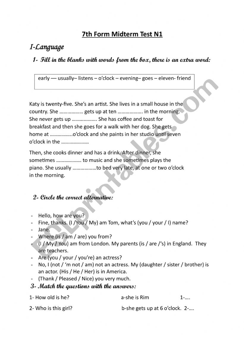 Test N1 mid term 1 7th grade worksheet