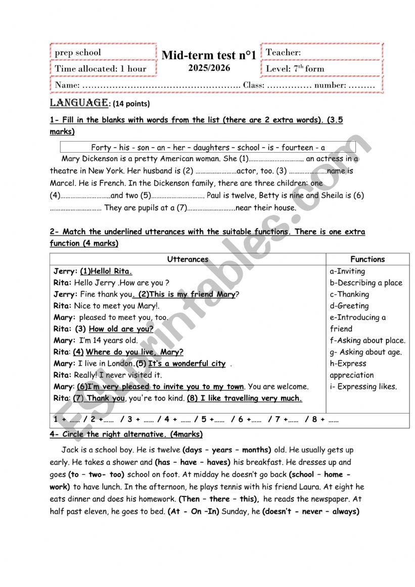midterm N1 grade 7 worksheet