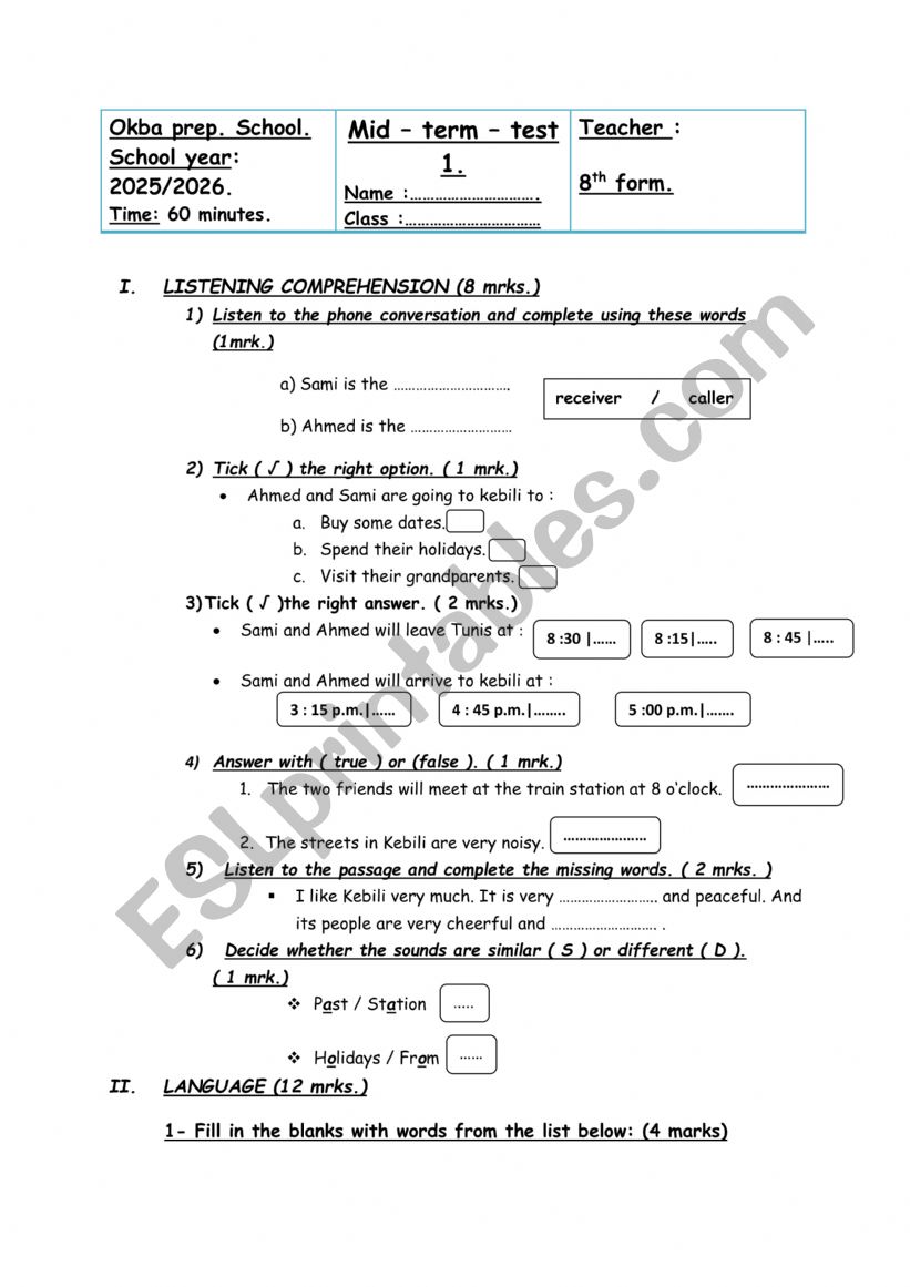 8th form midterm N1 worksheet