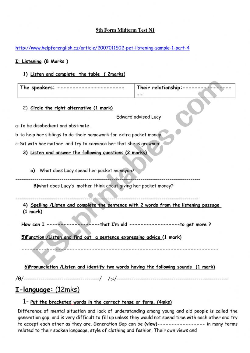 mid term test 1 9th grade worksheet