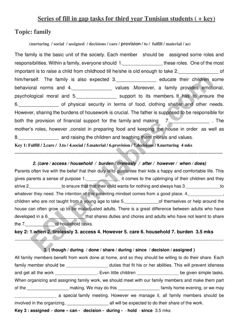 fill in gap tasks 3rd year   worksheet