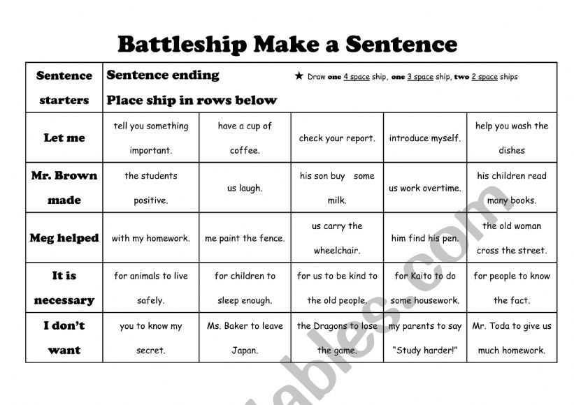 Battleship Make a Sentence worksheet