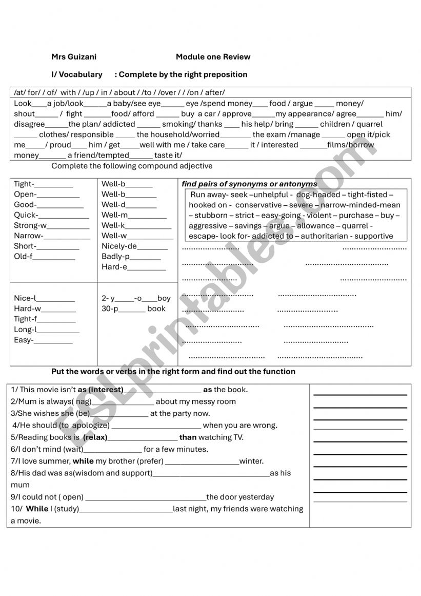 module 1 revision   9th form worksheet