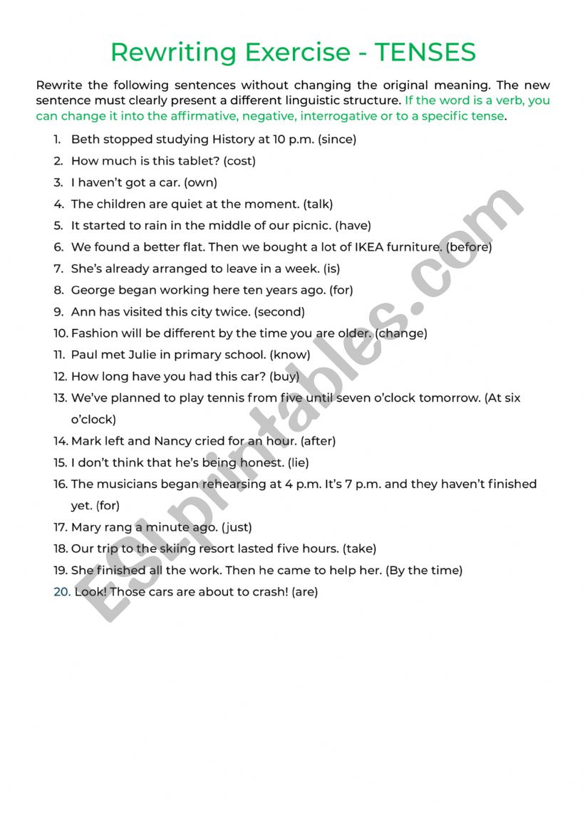 REPHRASING EXERCISE TO PRACTISE ENGLISH TENSES