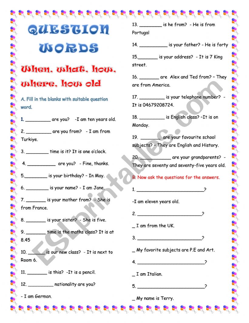 question words worksheet