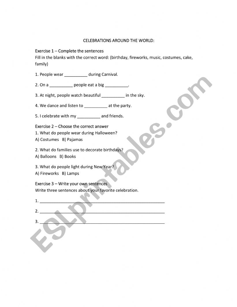 Celebrations and holidays. worksheet